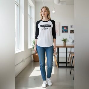 Be•You•ti•ful "Authentique Club" Black and White Raglan Tee